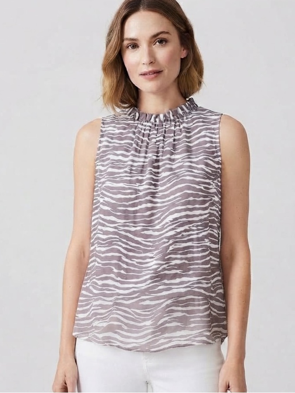 LOFT Brown Zebra Print Ruffle Mock Neck Sleeveless Tank Top Blouse Petites LP